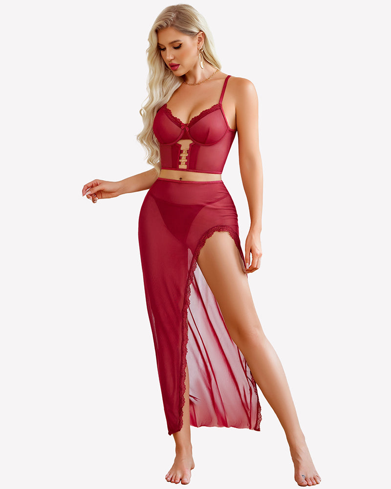 Wine red sheer lace long nightgown set with side slit and lace trim