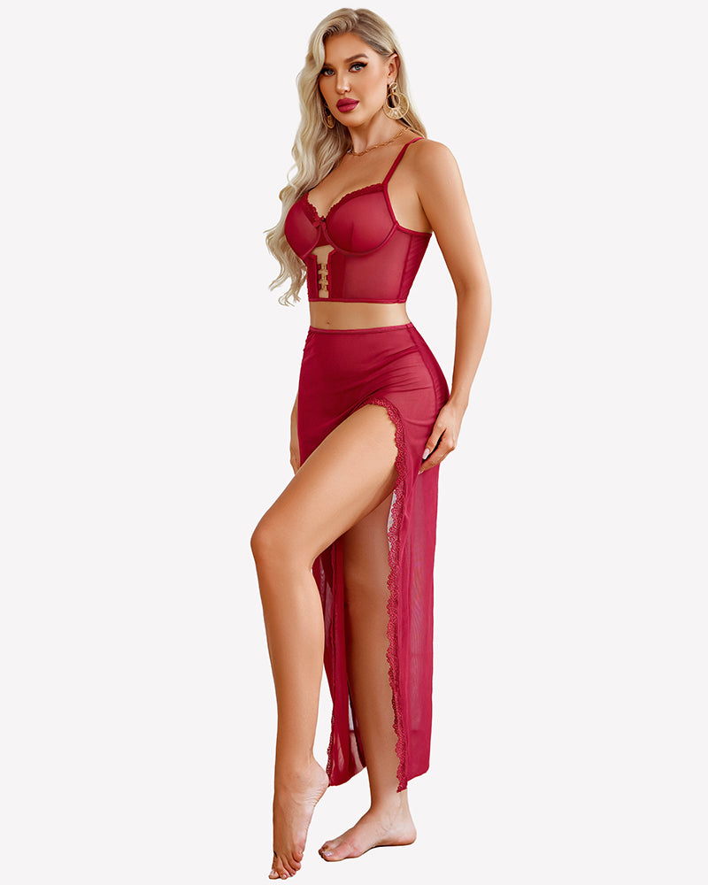 Wine red lace long nightgown set with underbust panel and side slit