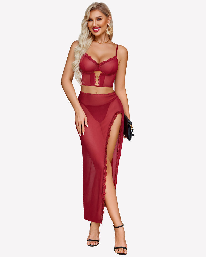 Wine red sheer lace long nightgown set with side slit and scalloped edging