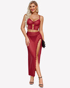 Wine red sheer lace long nightgown set with side slit and scalloped edging