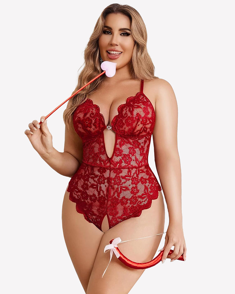 Crotchless lace bodysuit in red with scalloped trim and keyhole front
