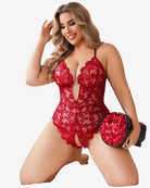 Crotchless lace bodysuit in red with underwire-style cups and open crotch panel