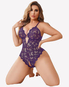 Crotchless lace bodysuit in purple with scalloped lace trim and keyhole front