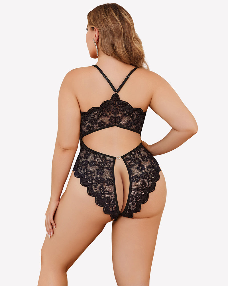 Crotchless lace bodysuit in black, open-back style with lace cutout