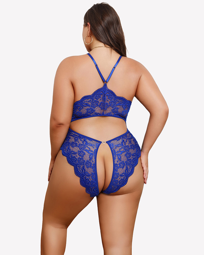 Crotchless lace bodysuit in blue with open-back straps and lace cutout