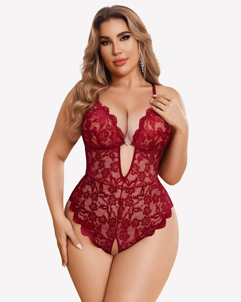 Plus size lace crotchless bodysuit in red floral lace, underwire cups and thong bottom