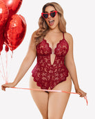 Plus size lace crotchless bodysuit in red floral lace, deep V keyhole and thong bottom