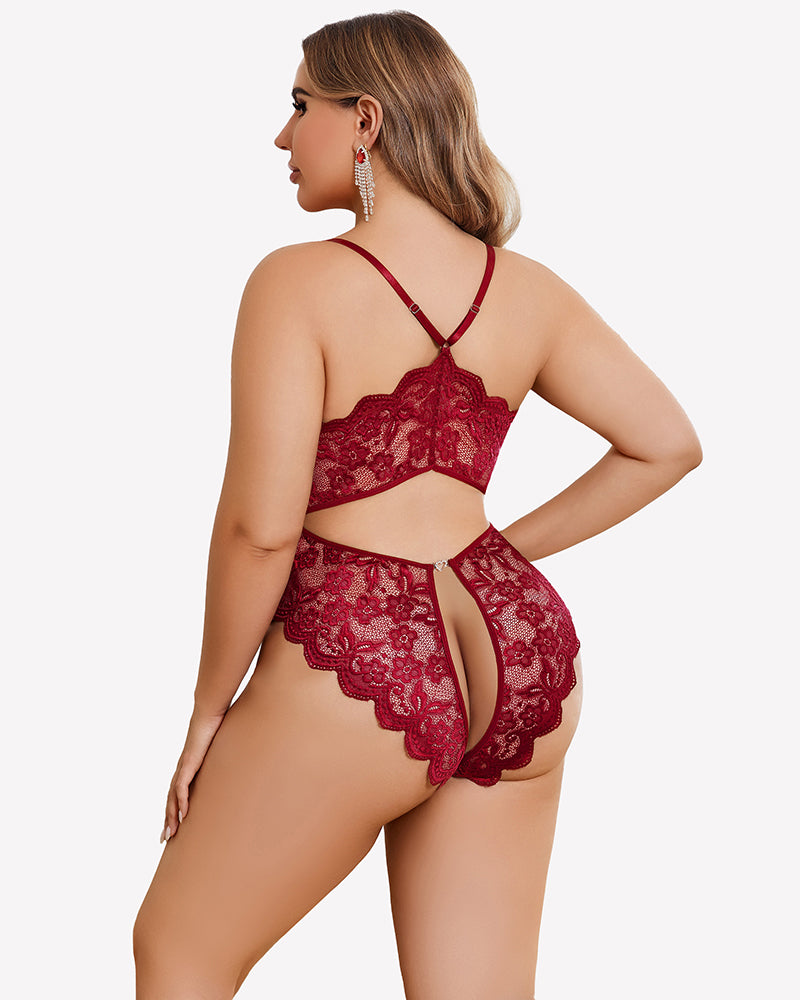 Plus size lace crotchless bodysuit in red floral lace, open back with tie straps