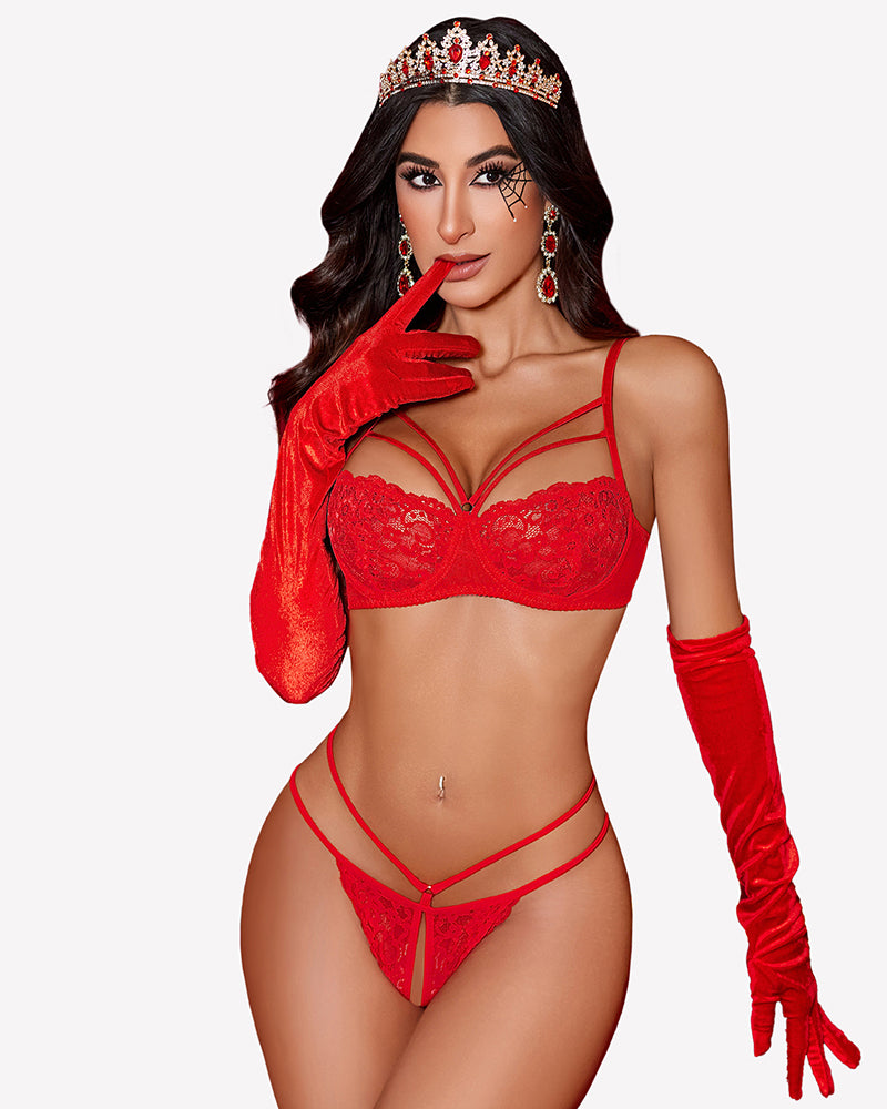 Red lace bra and panty set with underwire cups and strappy thong, scalloped edges