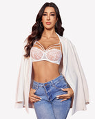 White floral lace bra and panty set with underwire cups and strappy lace