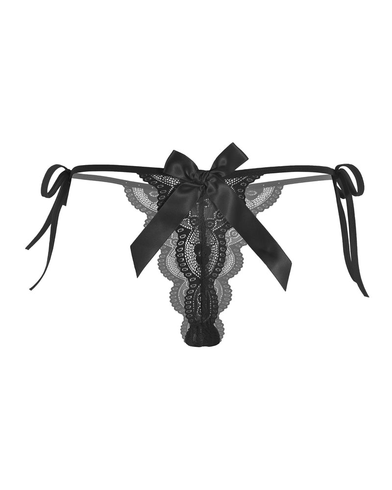 Black lace thong with ribbon bow, tie side straps