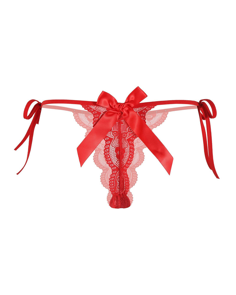 Red lace thong with satin bow and tie side straps