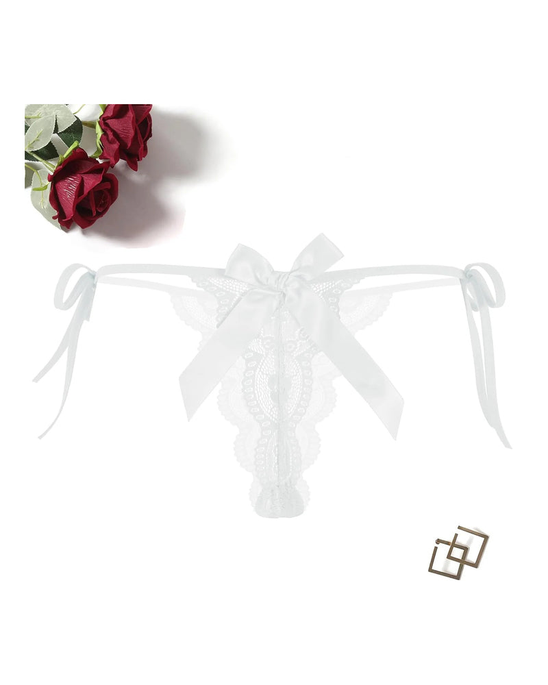 White lace thong with side ribbon ties and a central bow detail