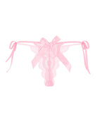Pink lace thong with side ribbon ties and a central satin bow