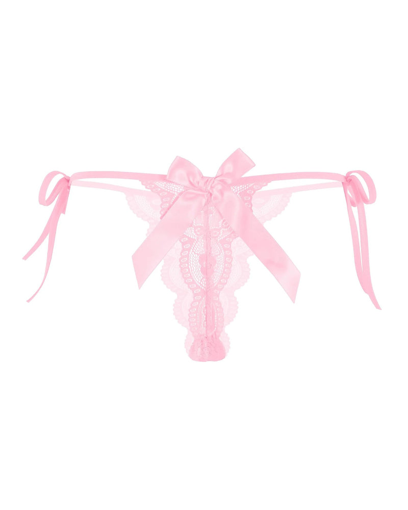 Pink lace thong with side ribbon ties and a central satin bow