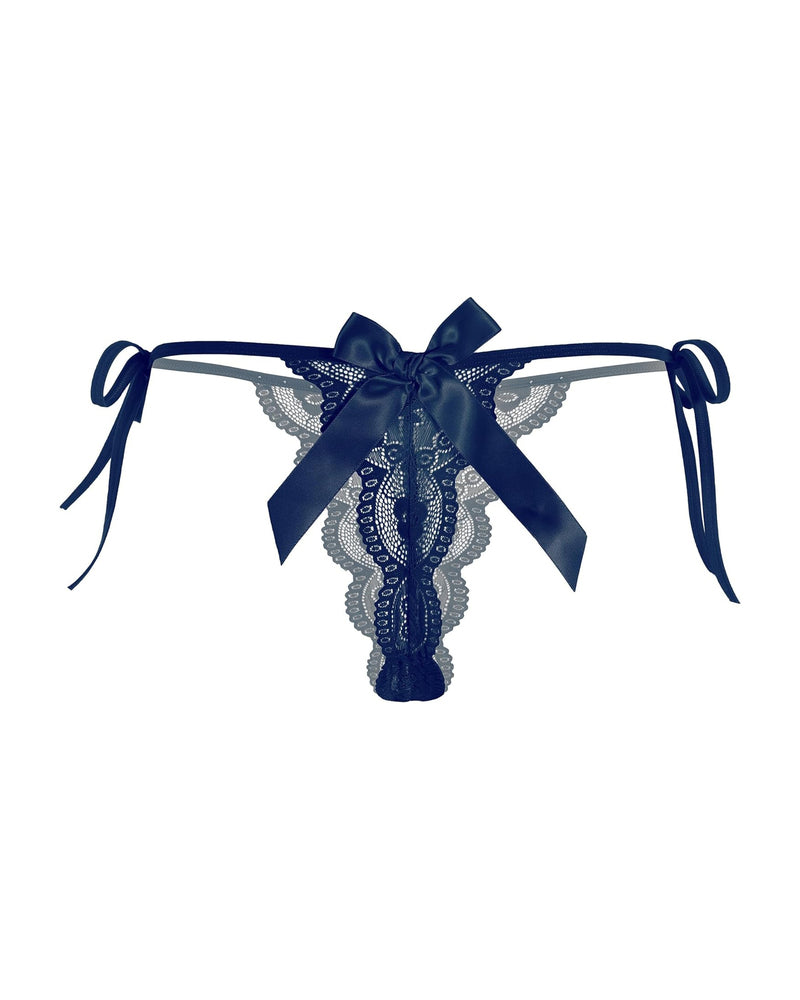 Navy lace thong with side ribbon ties and a large satin bow