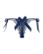 Navy lace thong with side ribbon ties and a large satin bow