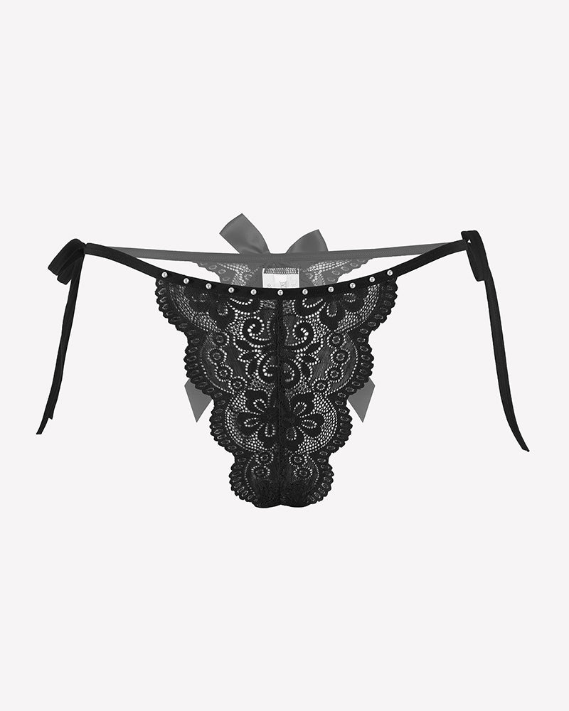 Black lace thong with side ribbon ties, scalloped edges, and a small bow