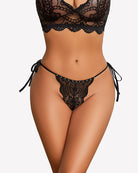 Black lace thong with scalloped edges and tie side straps