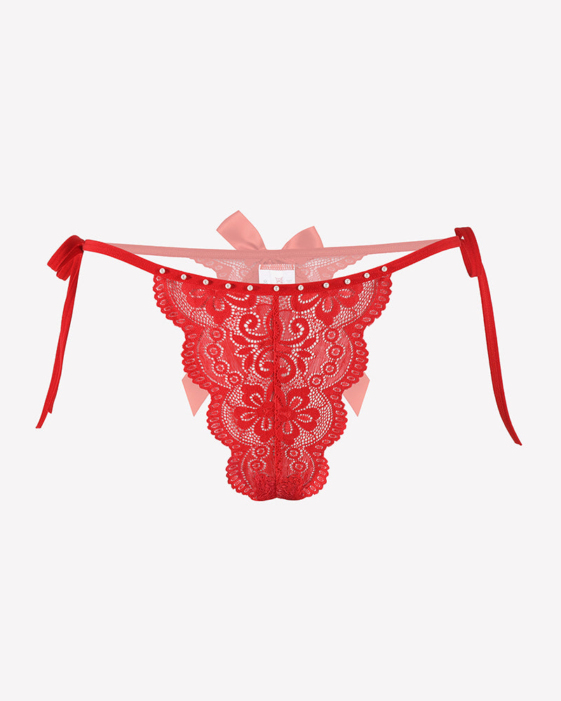 Red lace thong with side ribbon ties and a central bow