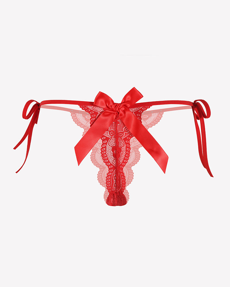 Floral lace thong with ribbon bow and tie strings, red