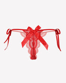 Floral lace thong with ribbon bow and tie strings, red