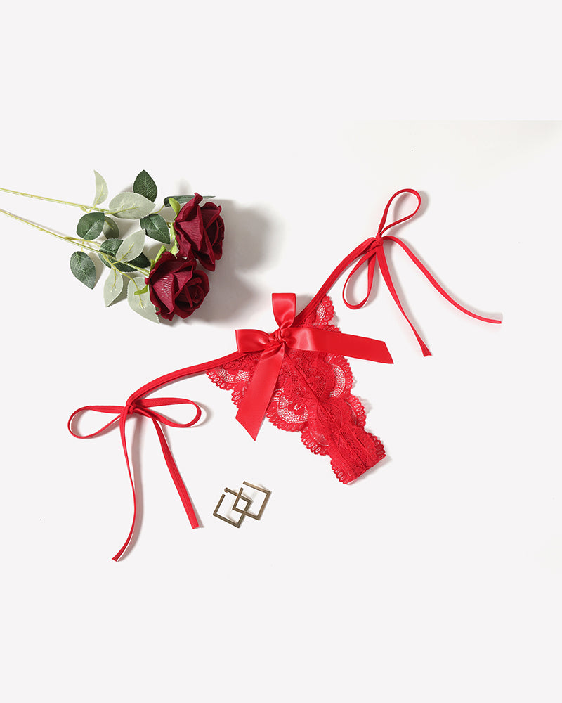 Floral lace thong with ribbon bow and tie sides, red