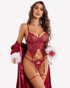 Wine red lace corset and panty lingerie set with garter straps and sheer cutouts