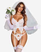White lace corset and panty lingerie set with garter straps and lace trim