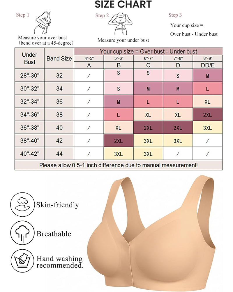 Nude seamless bralette size chart and features panel