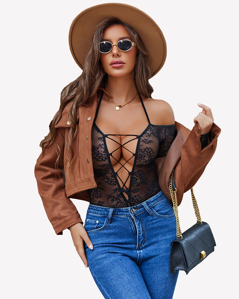 Black lace teddy bodysuit with cutout crisscross front and long sleeves