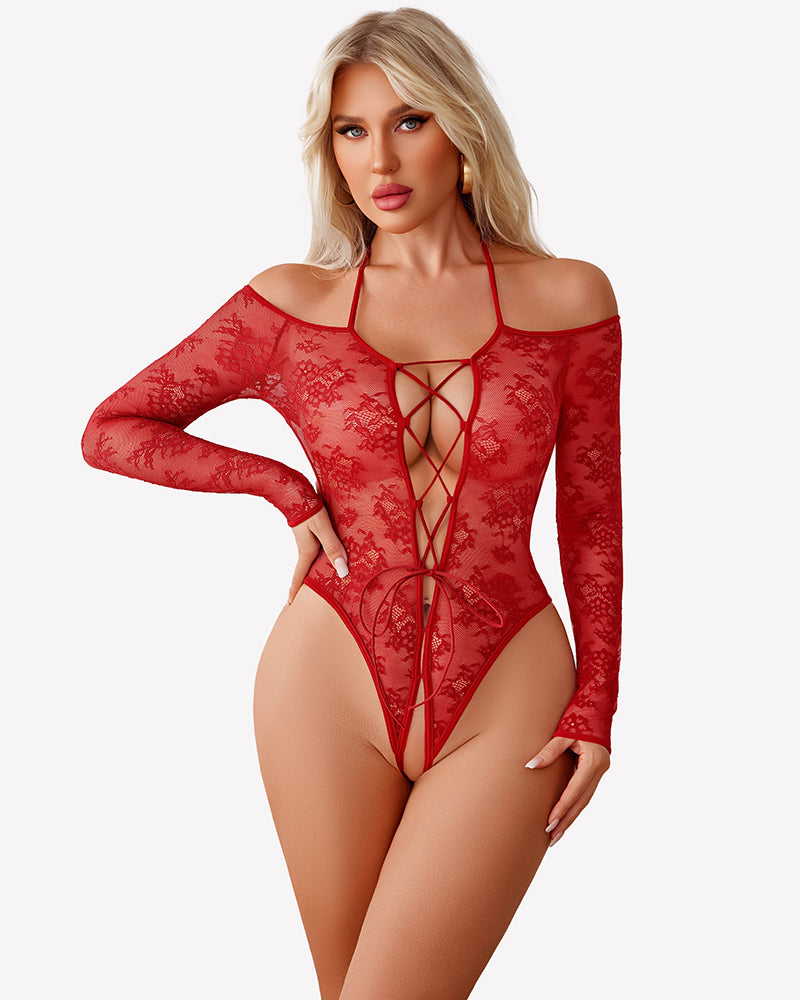 Red lace teddy bodysuit with cutout crisscross front and long sleeves