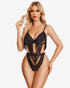 Black crotchless lace bodysuit with tassel cups and strappy sheer back panel