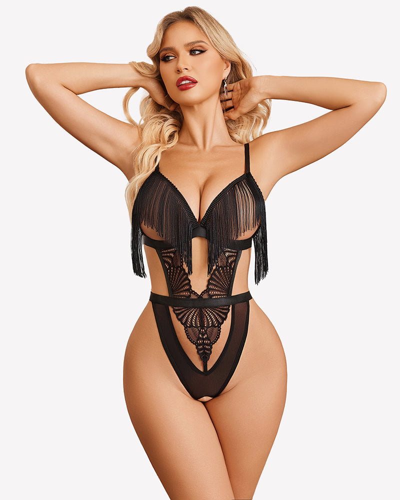 Black crotchless lace bodysuit with fringe-tassel bra cups and high-leg cut