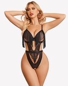 Black crotchless lace bodysuit with fringe-tassel bra cups and high-leg cut