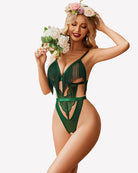Green crotchless lace bodysuit with fringe tassel cups and lace triangle front