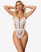 White lace crotchless bodysuit with fringe tassel cups and cutout V-front