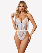 White lace crotchless bodysuit with fringe tassel cups and V-front cutout