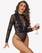 Black lace turtleneck bodysuit with long sheer sleeves and deep lace chest panel