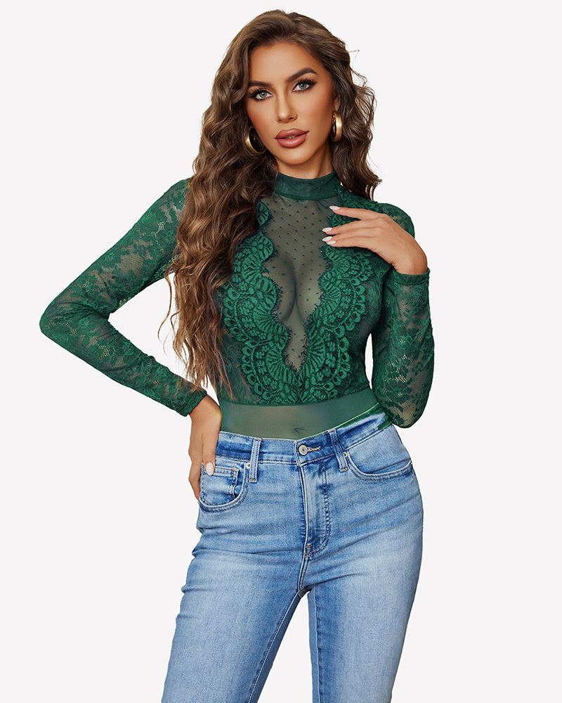 Green lace turtleneck bodysuit with long sheer sleeves and fitted high-cut thong