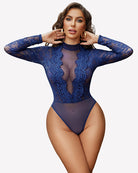 Navy lace turtleneck bodysuit with long sheer sleeves and high-cut thong bottom