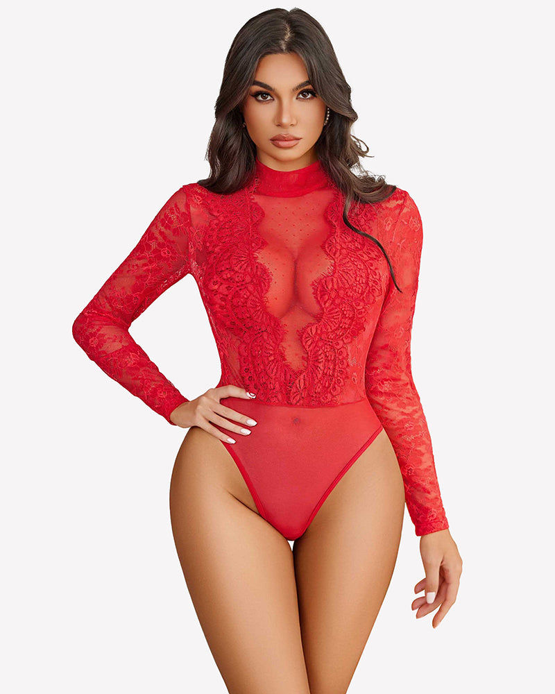 Red lace turtleneck bodysuit with long sleeves and sheer floral detail