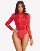 Red lace turtleneck bodysuit with long sleeves and sheer floral detail