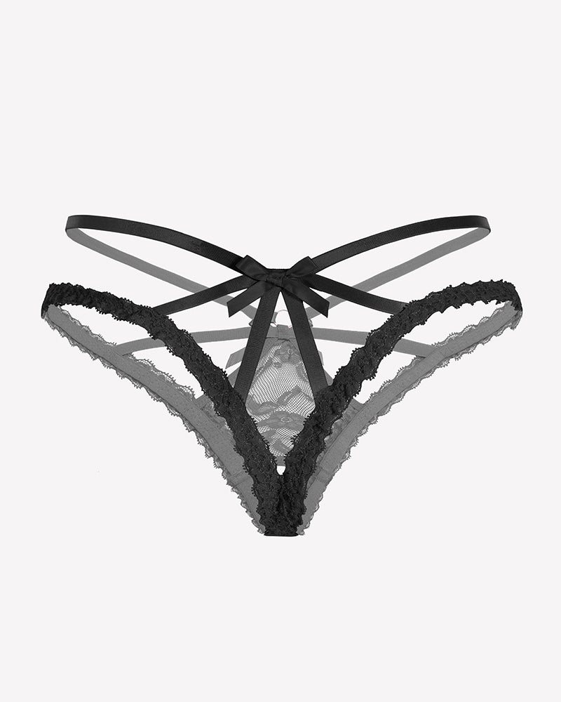 Black lace panties with criss-cross straps and front bow