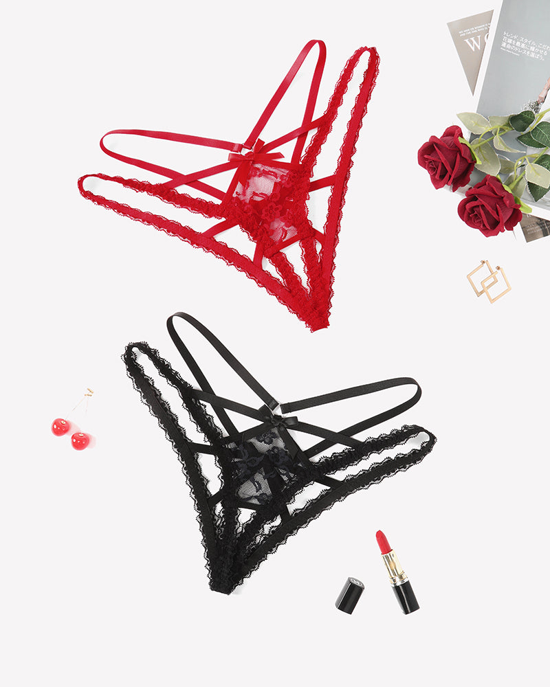 Assorted lace panties with criss-cross straps, including red and black