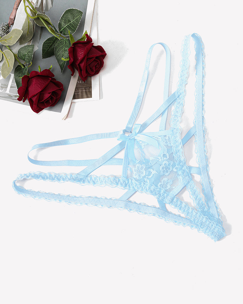 Light blue lace thong panties with crisscross tie straps and scalloped lace trim