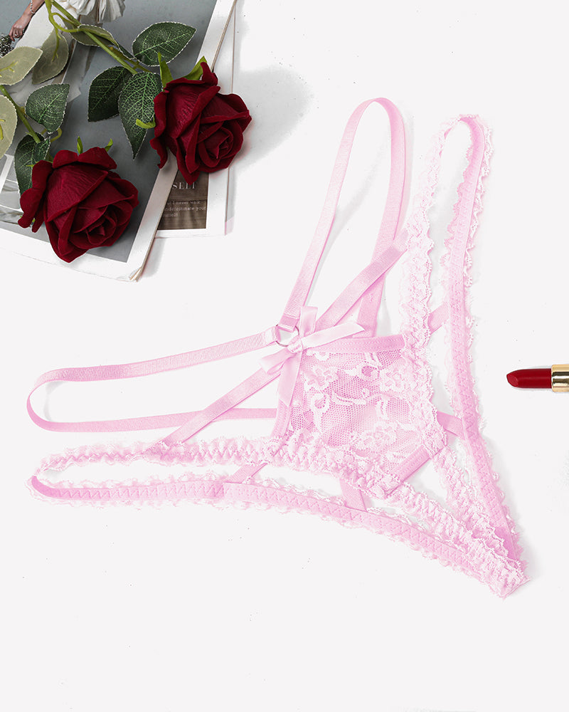 Pink lace thong panties with crisscross straps and scalloped lace trim
