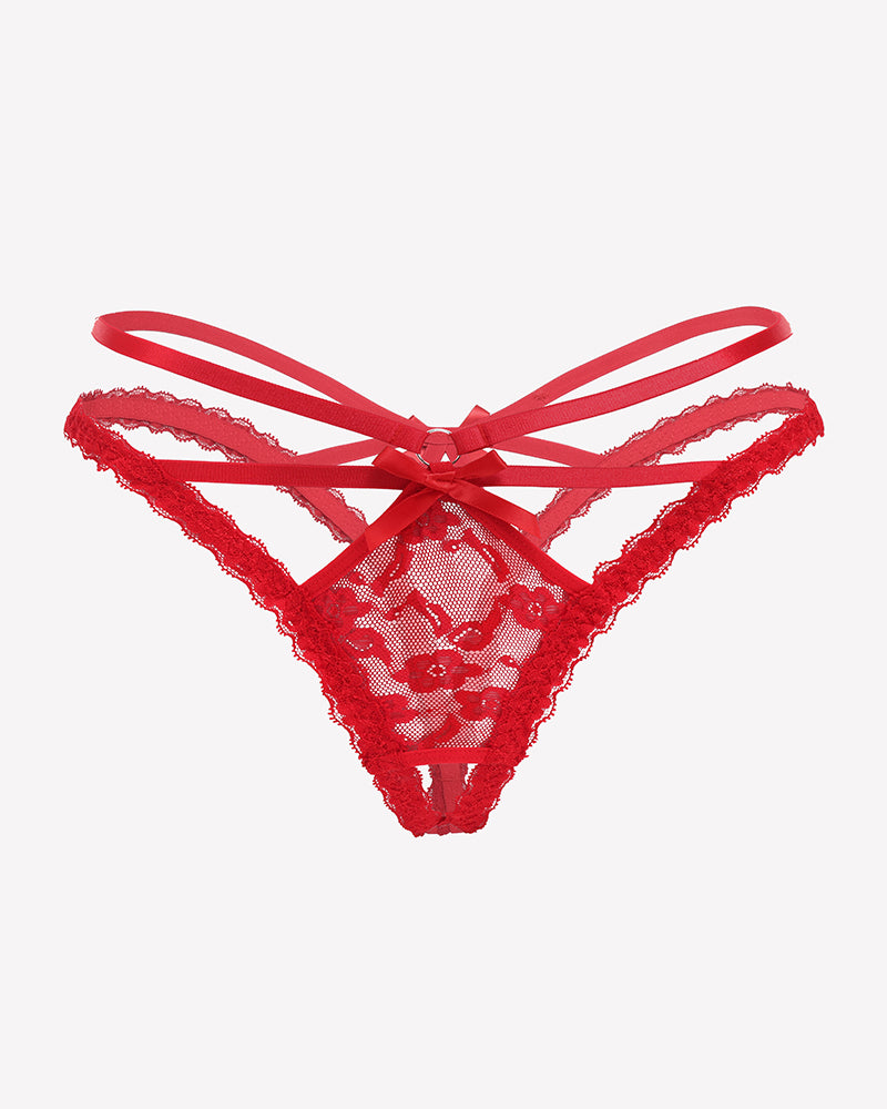 Red lace thong panties with crisscross back straps and scalloped lace edge