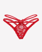 Red lace thong panties with crisscross back straps and scalloped lace edge