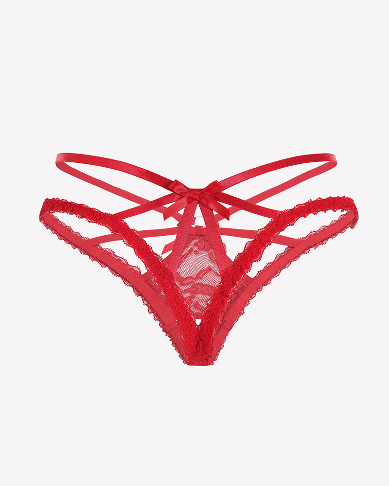 Red lace thong panties with crisscross straps and lace triangle front